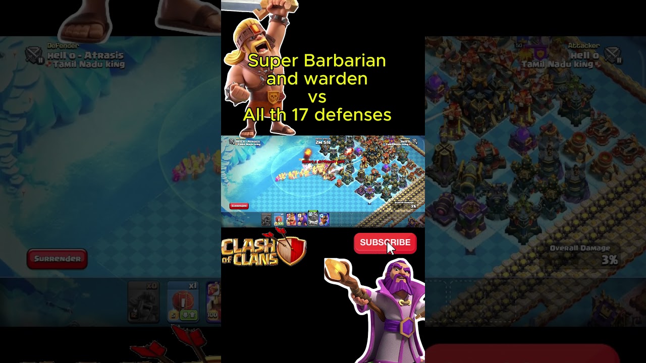Super Barbarian & Warden vs All Max Defenses TH17 ⚡🔥#clashofclans #superbarbarian #warden