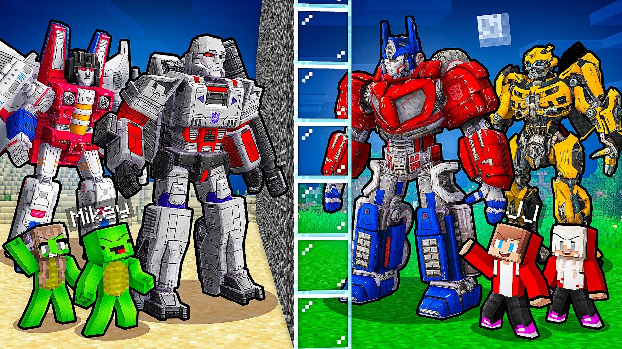 JJ and Mikey: AUTOBOTS vs DECEPTICONS Family Battle in Minecraft - Maizen