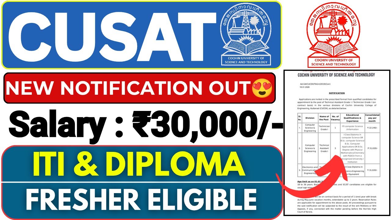 CUSAT Recruitment 2026 | CUSAT Vacancy 2026 | ITI/Diploma Jobs | Technical Assistant | Apply Online