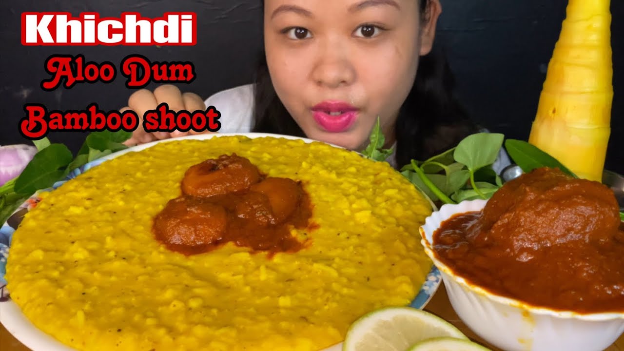 EATING KHICHDI WITH SPICY DUM ALOO, BAMBOO SHOOT & RAW SAAG MUKBANG | BIG BITES | ASMR