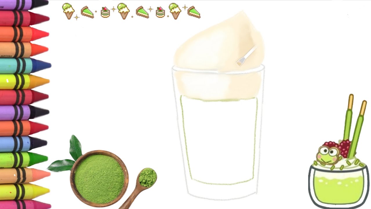Menggambar, melukis dan mewarnain es matcha