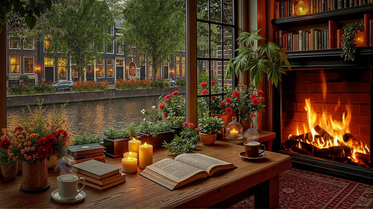 Cozy Jazz Rain & Warm Spring Coffee Shop 🌧️ Gentle Jazz with Fireplace Ambience for Study & Focus