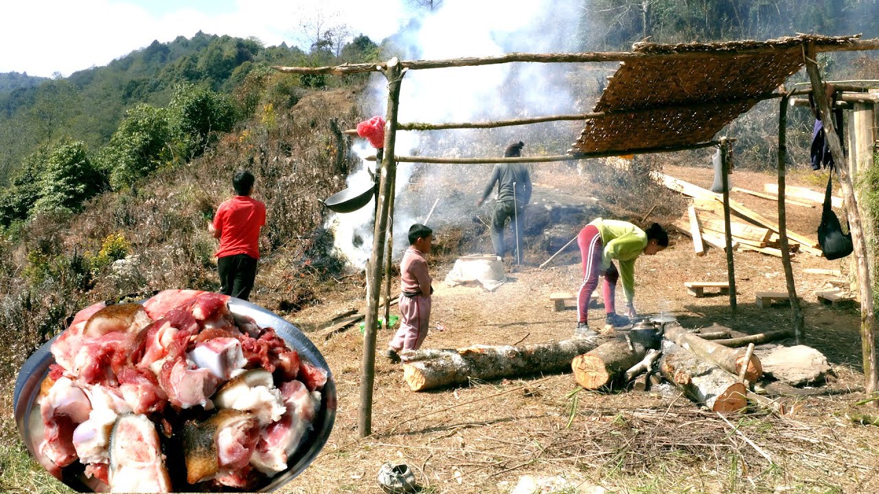 Working and cooking in the new buffalo shelter @life in  rural Nepal