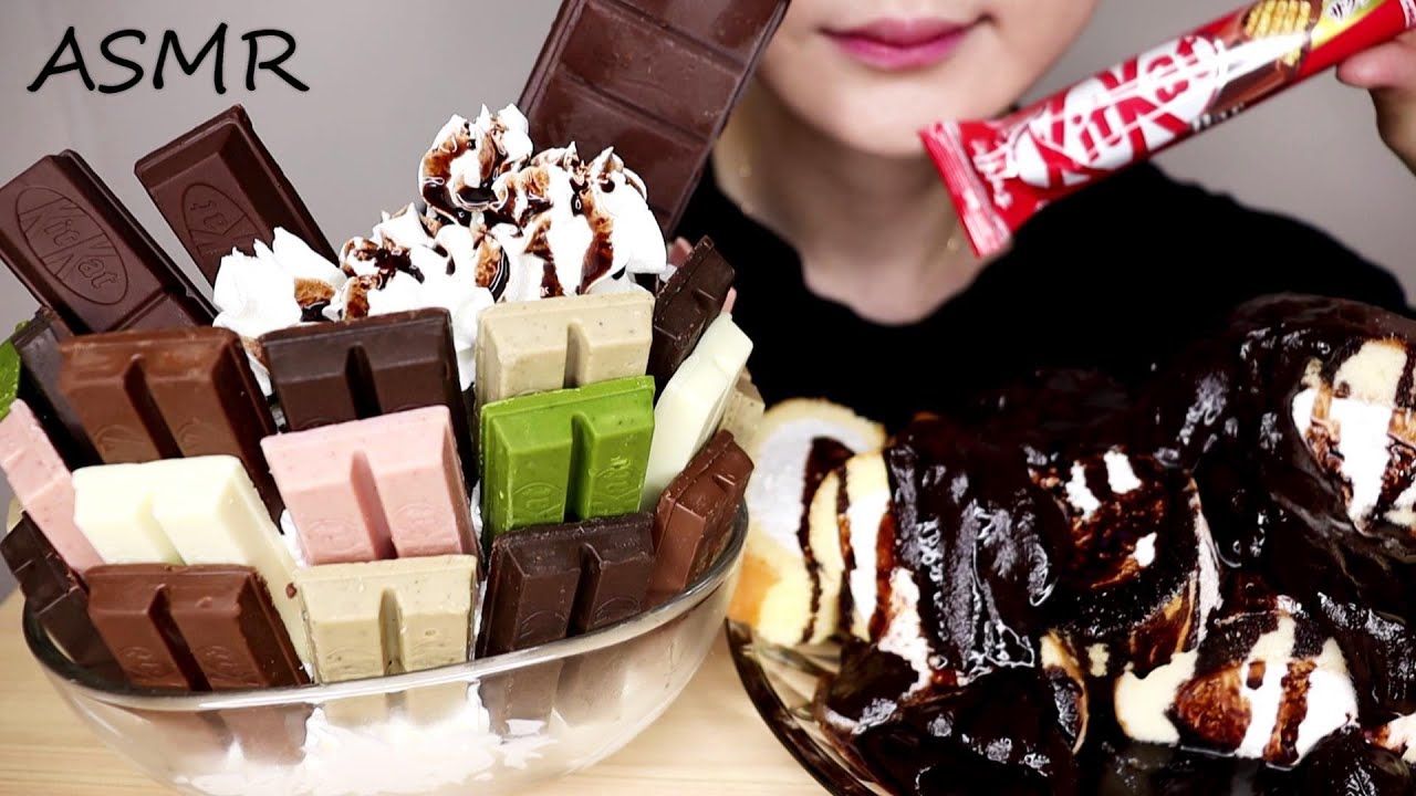 [ASMR] Съешьте гигантское парфе KitKat и шоколадно-кремовый рулет