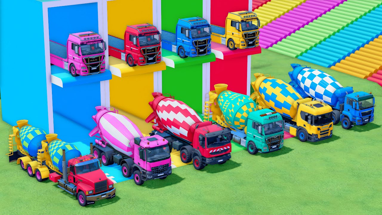 TRANSPORTING COLORED MIXER TRUCK, EXCAVATOR, MERCEDES, MACK, MAN, SCANIA WITH FLATBED TRAILER TRUCK