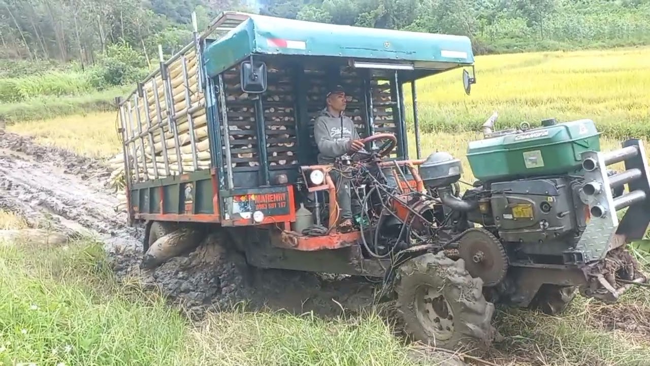 xe công nông máy chang fa 40 chở gỗ keo  ngập lây  quá kinh khung