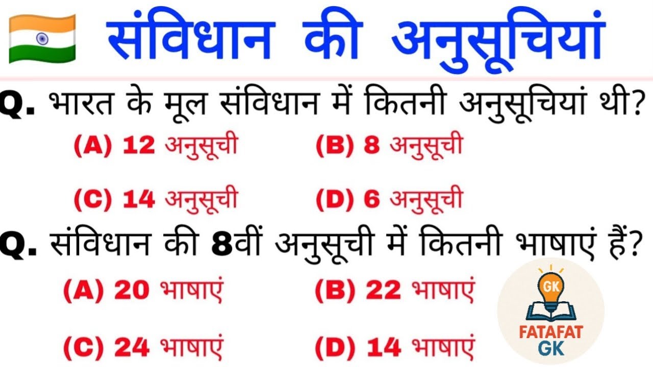 भारतीय संविधान की अनुसूचियों पर 20 महत्वपूर्ण प्रश्न |  MCQ | Competitive Exams SSC exams railway 