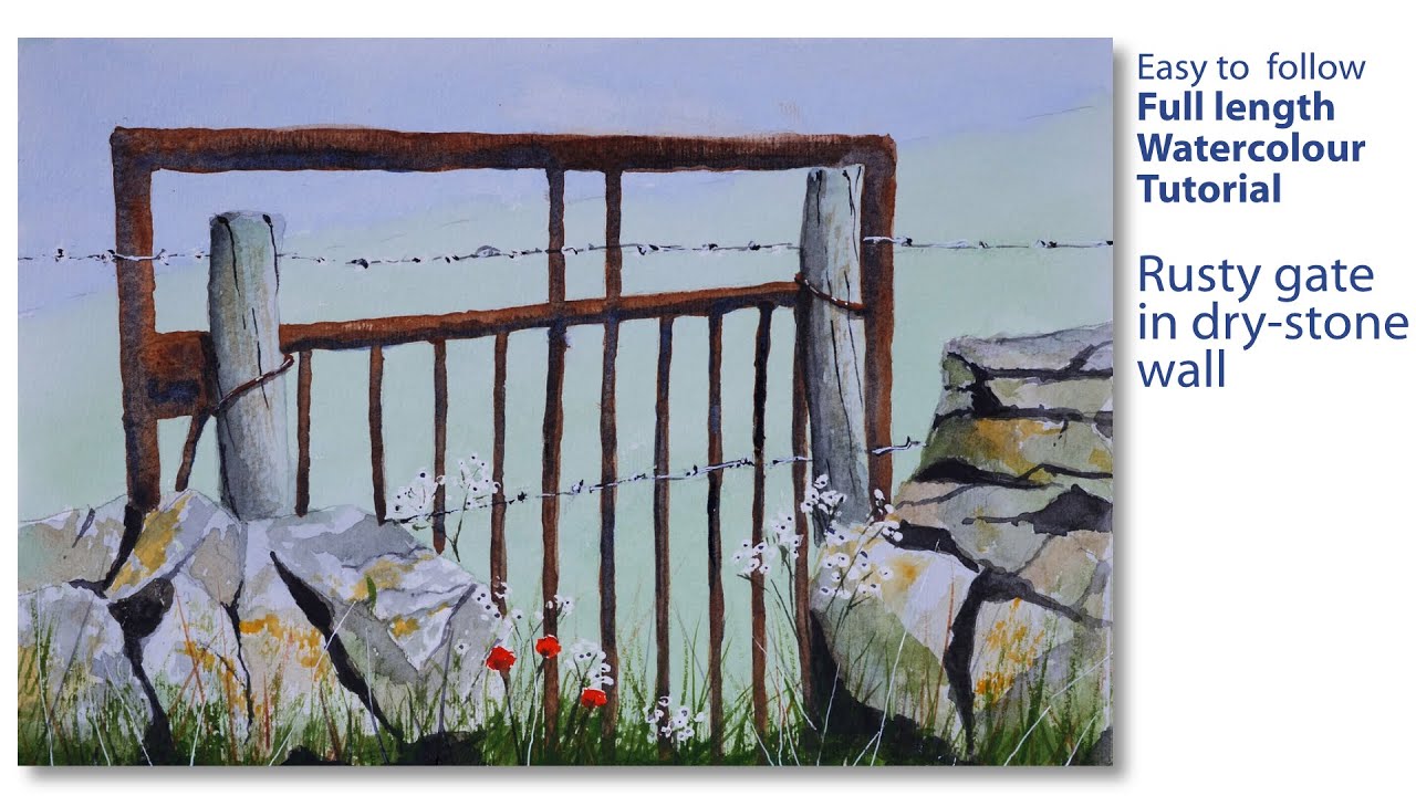 Watercolour sketch - Rusty gate in a dry-stone wall - Full demonstration