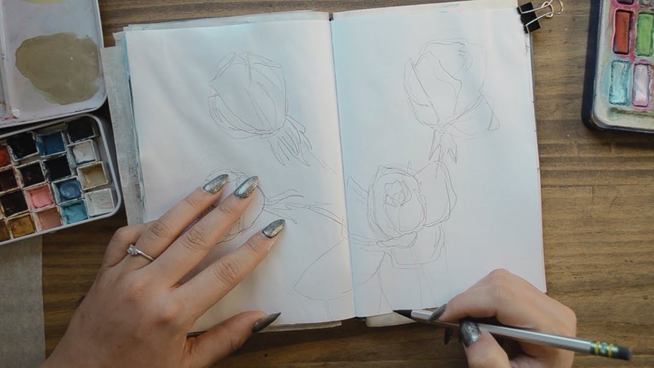 Watercolor Sketchbook Spread | 3 flower paintings