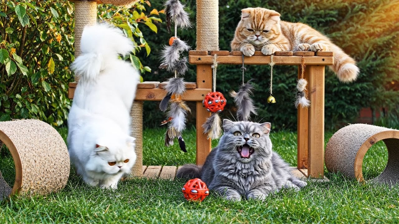 Cute Cats Playing on Playground and in the Pool