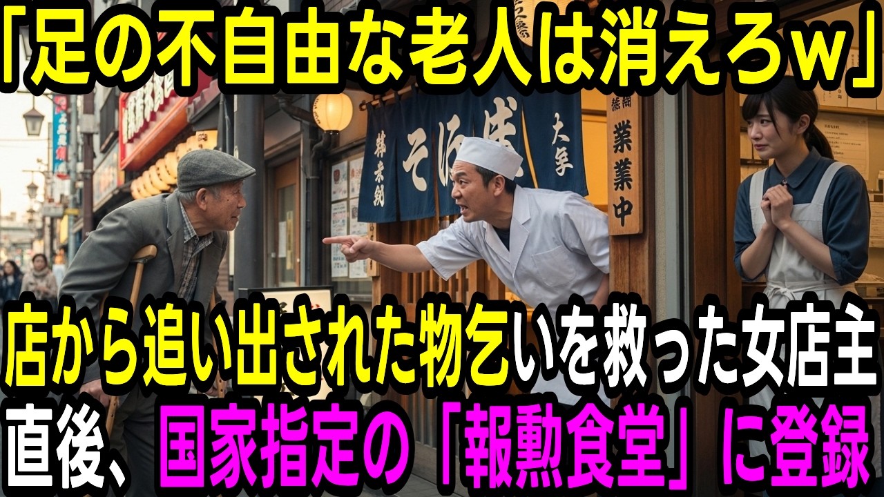 廃業寸前の食堂に現れた足の悪い老人。店主「飯を食うなｗ」と蹴り出すも、隣の若女将が神対応。直後、老人の正体が「国の英雄」だと知り店主は顔面蒼白…