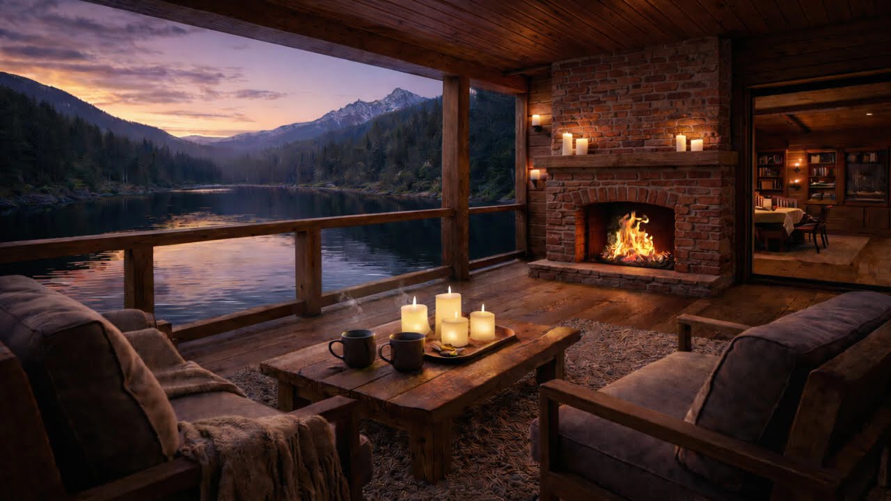 Lakeside Cabin at Sunset 🌅 Fireplace & Relaxing Music for Deep Calm