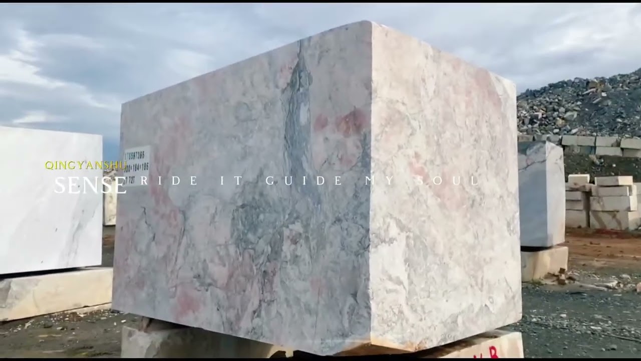 Raw cherry blossom pink marble blocks freshly cut in our partner quarry