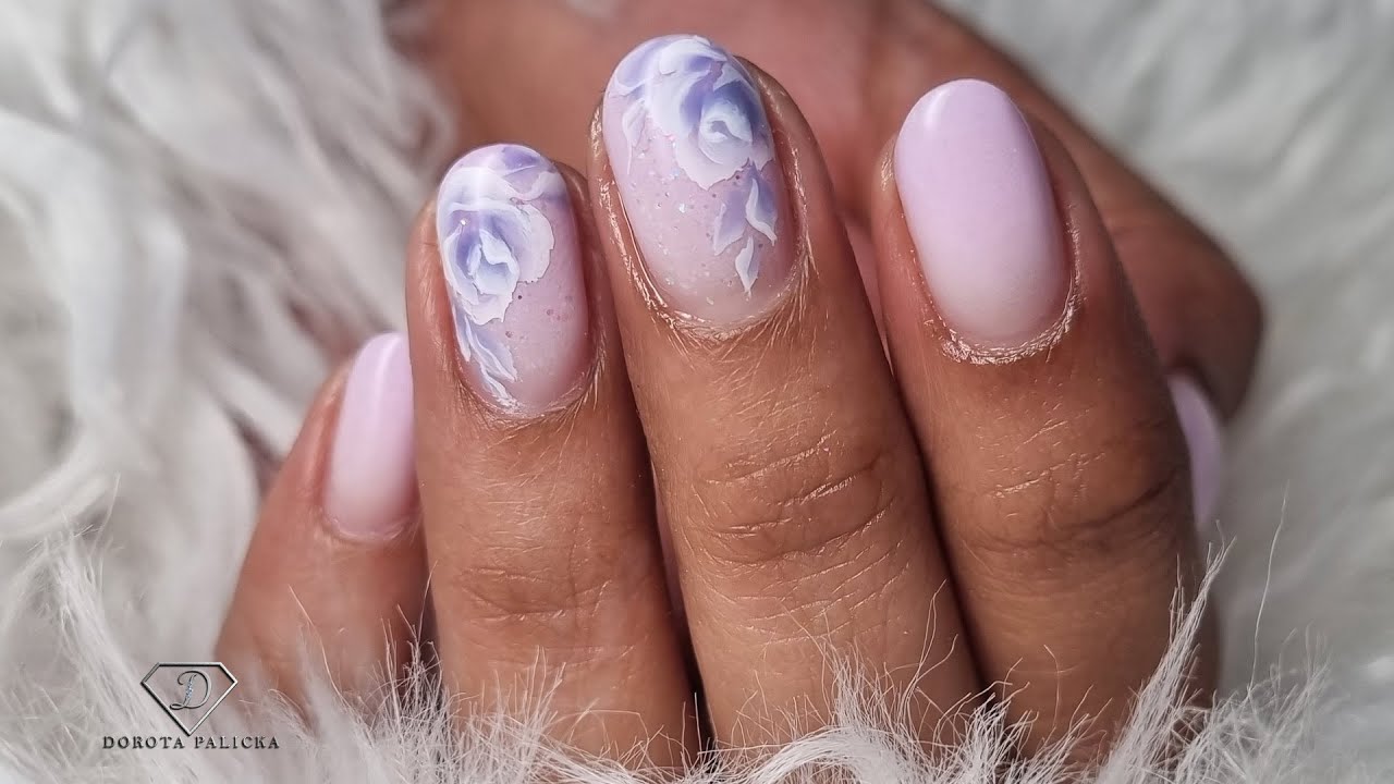 Gel polish ombre with one stroke roses nail art. Fiber gel in bottle over natural nails.