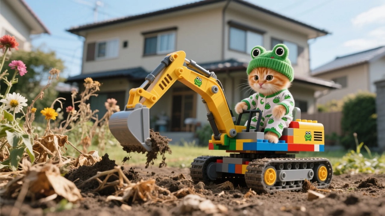 Ginger Kitten Drives LEGO Excavator to Help Mama Cat Replant a New Flower Garden 🐱💕🌼