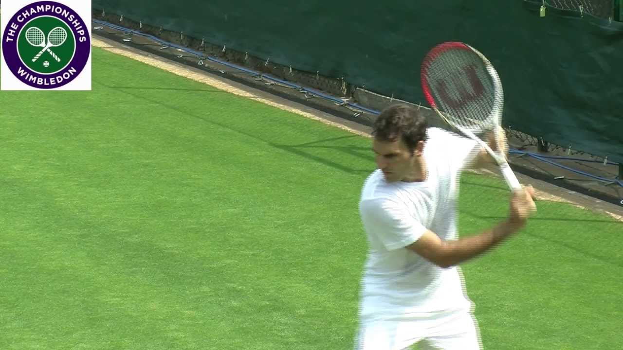 Roger Federer practises at Wimbledon
