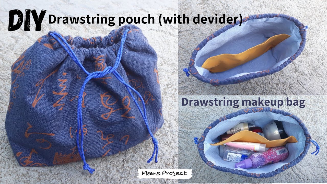 Diy drawstring pouch (with devider) | Drawstring makeup bag | Drawstring bag tutorial