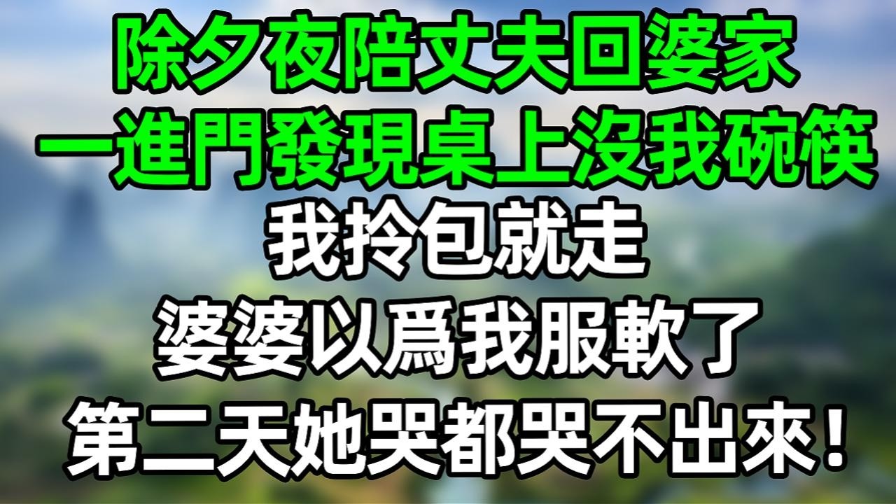 除夕夜陪丈夫回婆家 一进门发现桌上没我碗筷，我拎包就走!婆婆以为我服软了 第二天她哭都哭不来！#夜讀人生 #大橘講故事  #情感故事 #講故事  #幸福生活