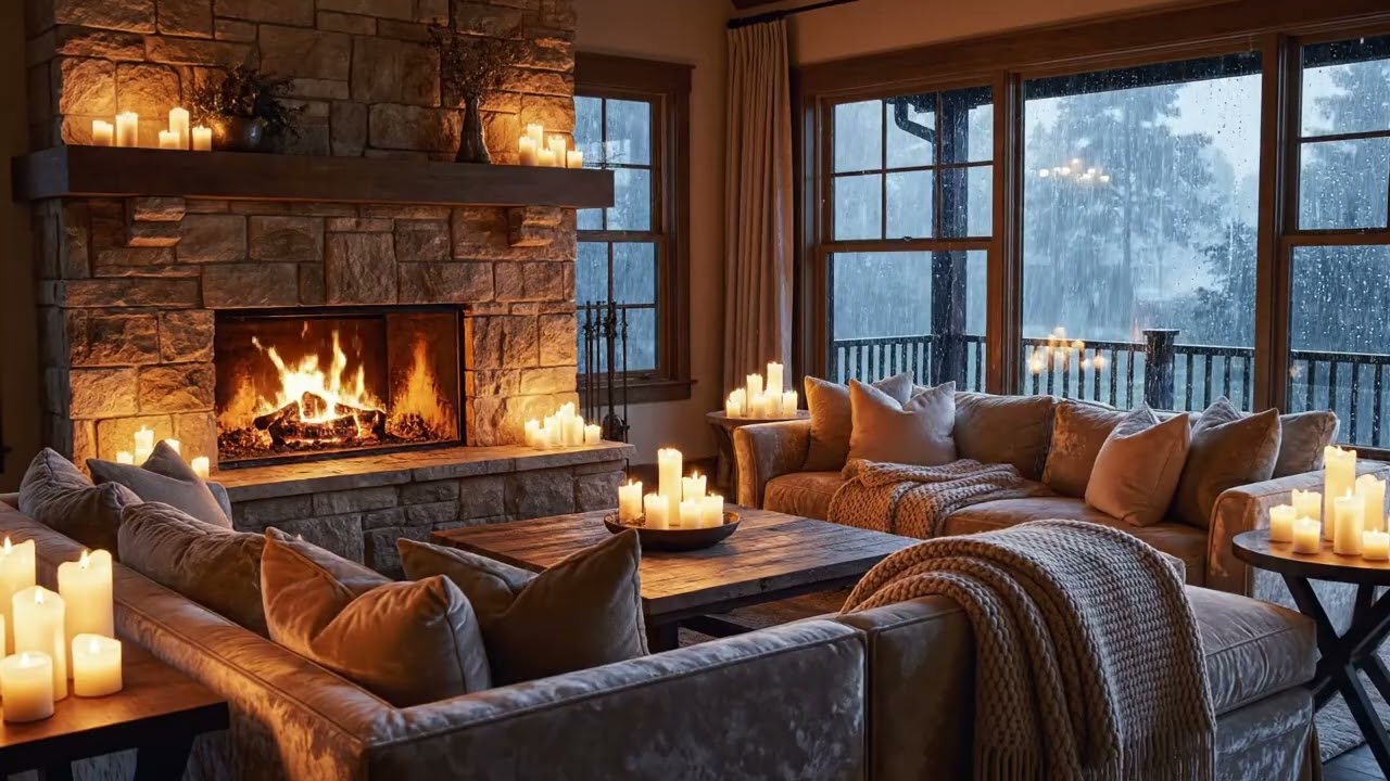 Cozy Cabin: Rain Sounds and Fireplace for Sleep (8 Hours) Relaksujące dźwięki deszczu i kominka