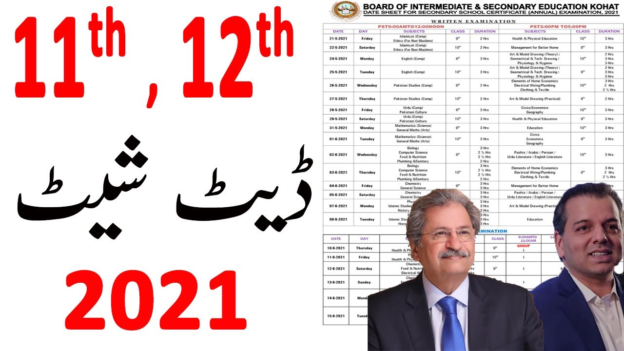 Intermediate Date Sheet 2021, 12th Class Date Sheet 2021, 11th Class Date Sheet 2021 BoardExams 2021