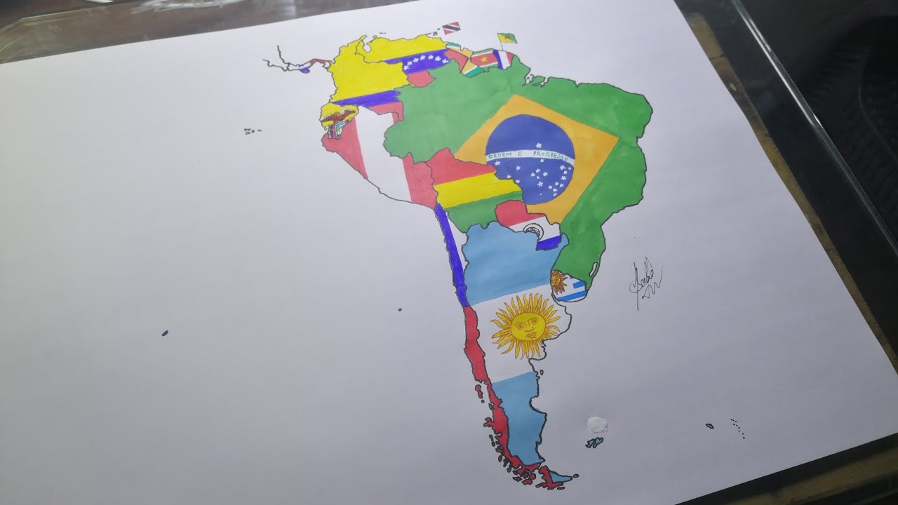 Drawing South America flag map | South America flag map drawing