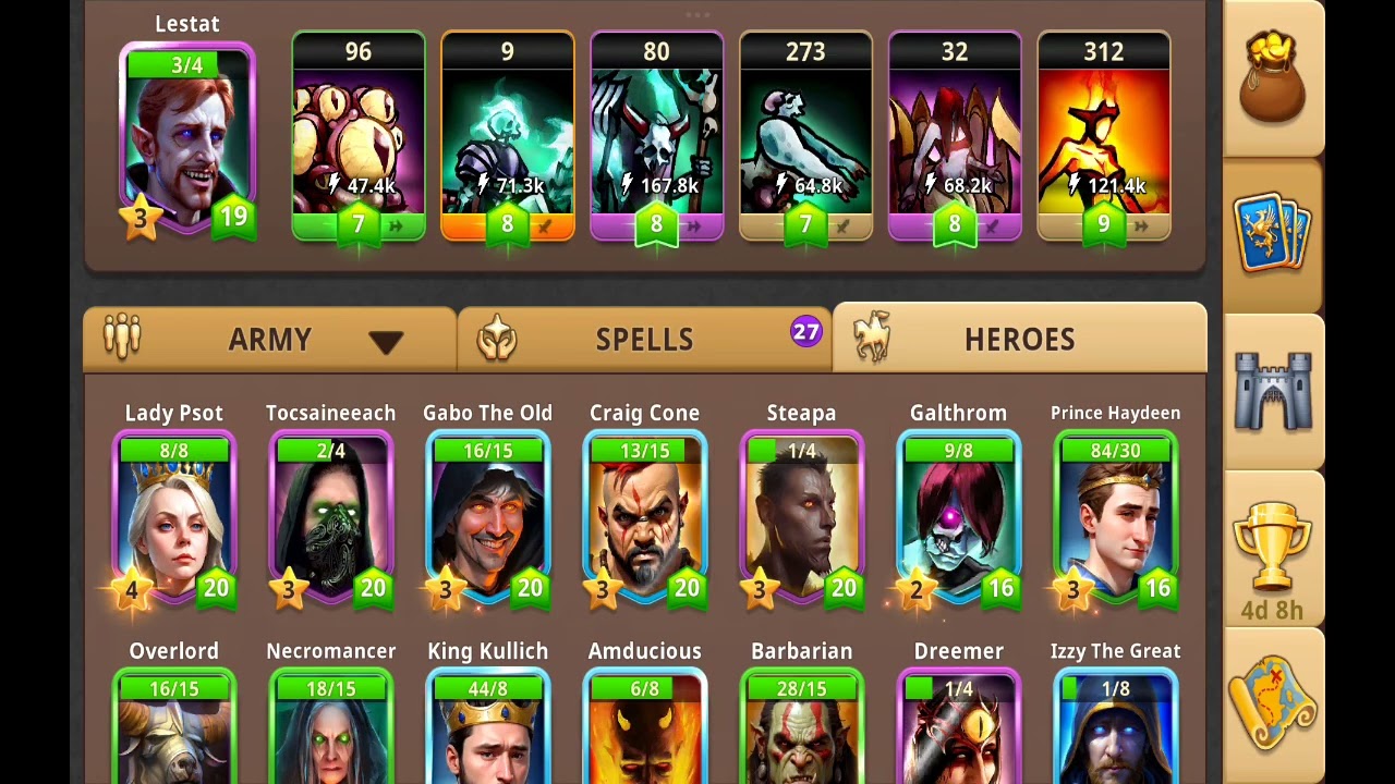 Magic war legends, many battles, raise level of steapa & lestat to level 20, using 5 ranged unit