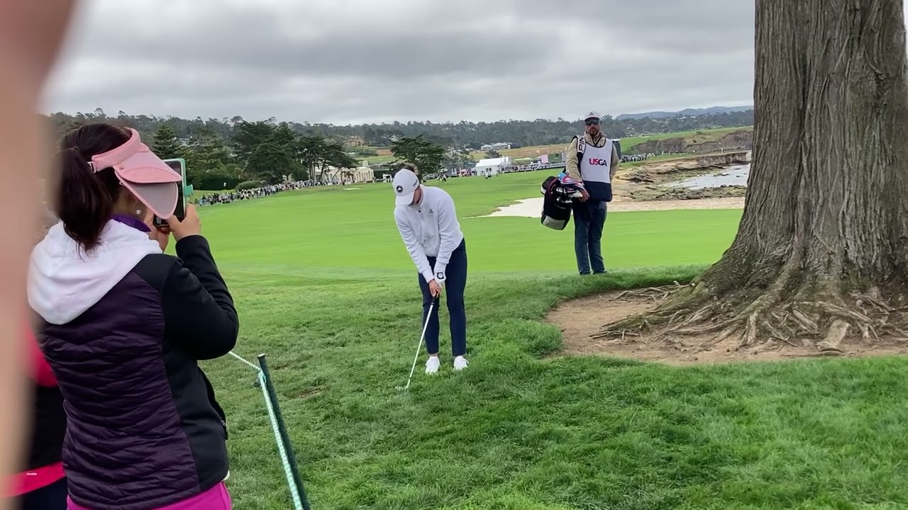 Linn Grant, US Women’s Open 、Pebble Beach、リン・グラント、ペブルビーチ名物の18番モントレー・サイプレス脇からのショット　#LinnGrant