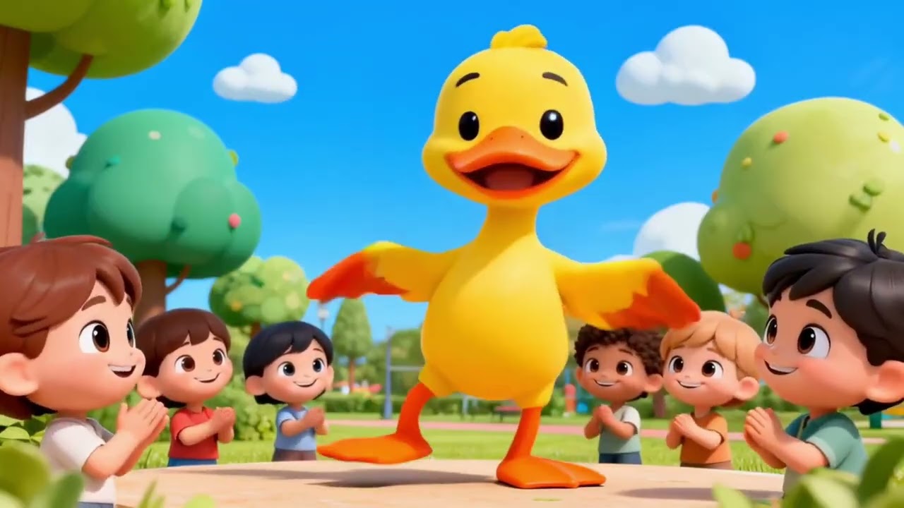 A happy little duck dancing in the park, wagging its tail, and spreading joy to all the children!