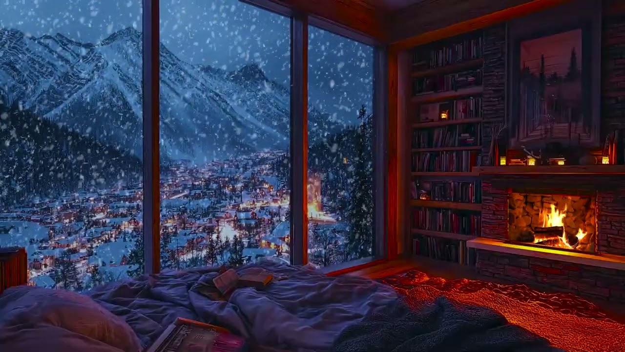 Peaceful Snowfall Outside a Rustic Mountain Cabin with Fireplace Ambience for Study and Rest