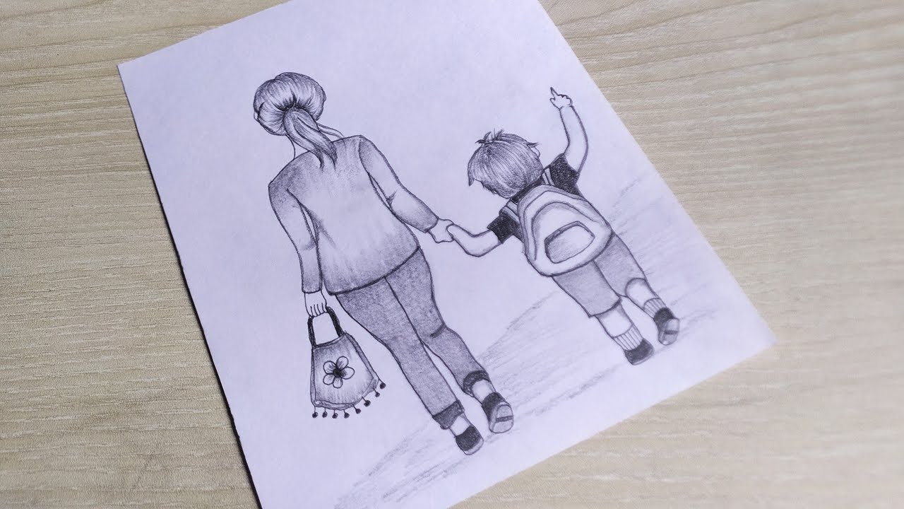 Mom & Son Going To School Pencil Sketch || Drawing For Beginners