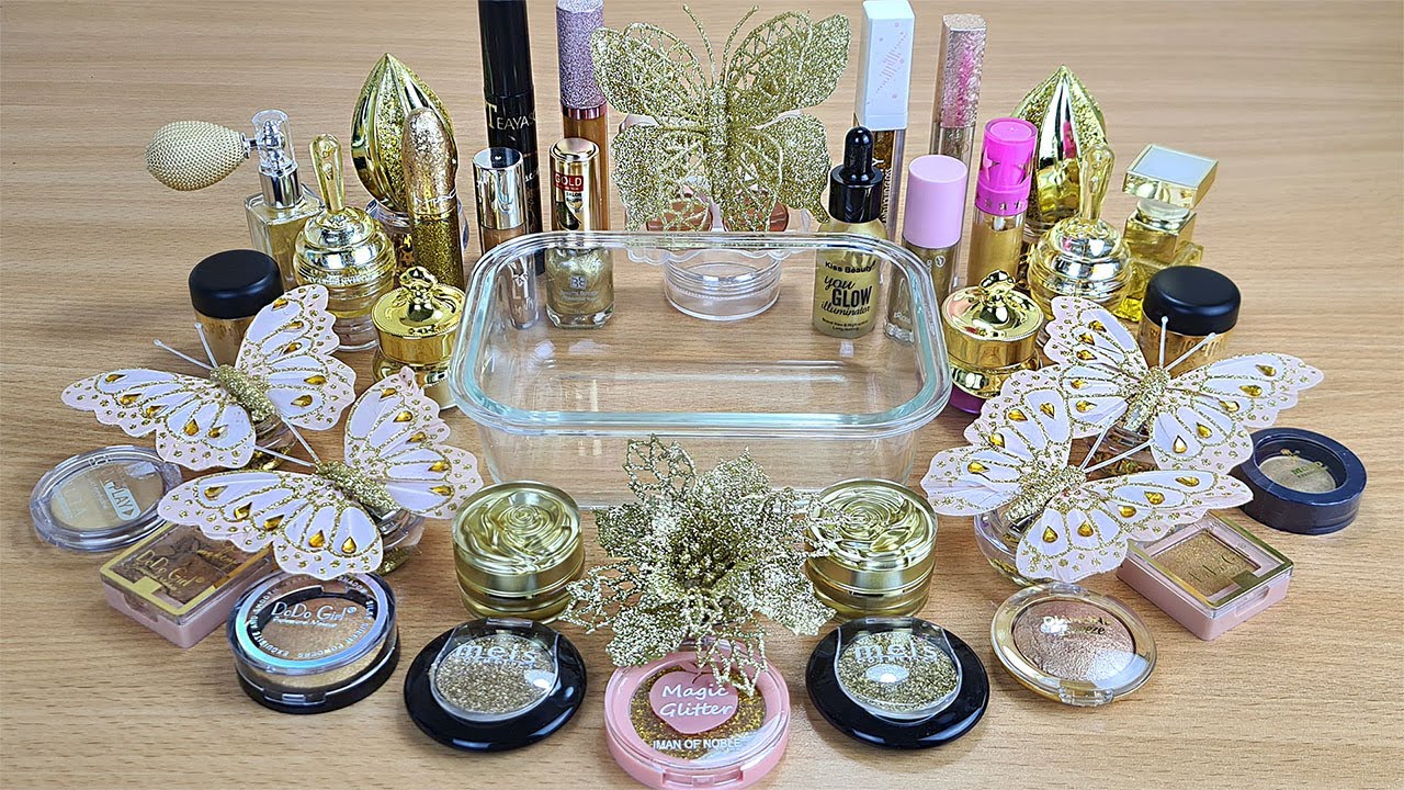 Gold BUTTERFLY SLIME Mixing makeup and glitter into Clear Slime Satisfying Slime Videos
