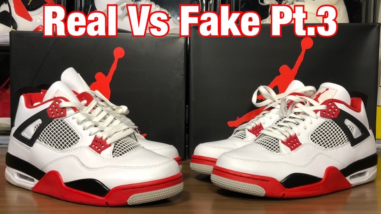 Обзор настоящих и поддельных кроссовок Air Jordan 4 Fire Red с подсветкой и сравнением веса.