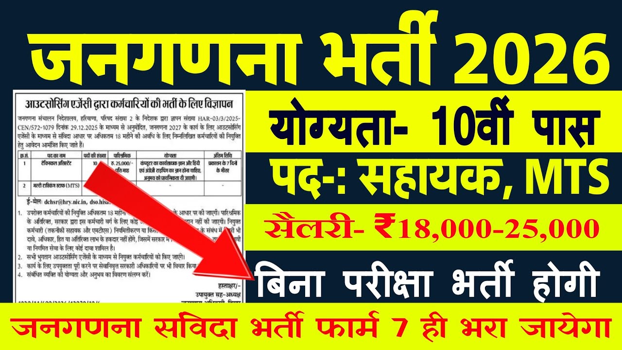 जनगणना भर्ती 2026: 10वीं पास के लिए सुनहरा मौका | बिना परीक्षा सीधी भर्ती | Census MTS Recruitment