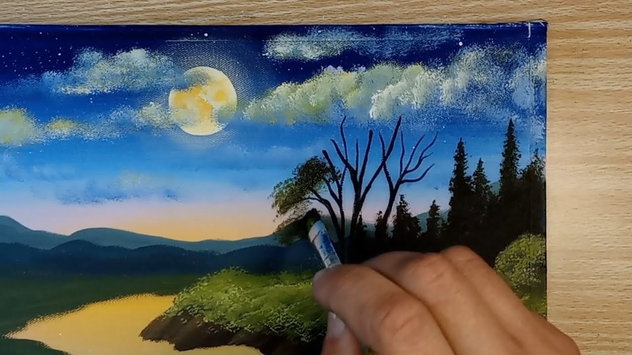 Full Moon Shining on The River / Acrylic Painting For Beginners