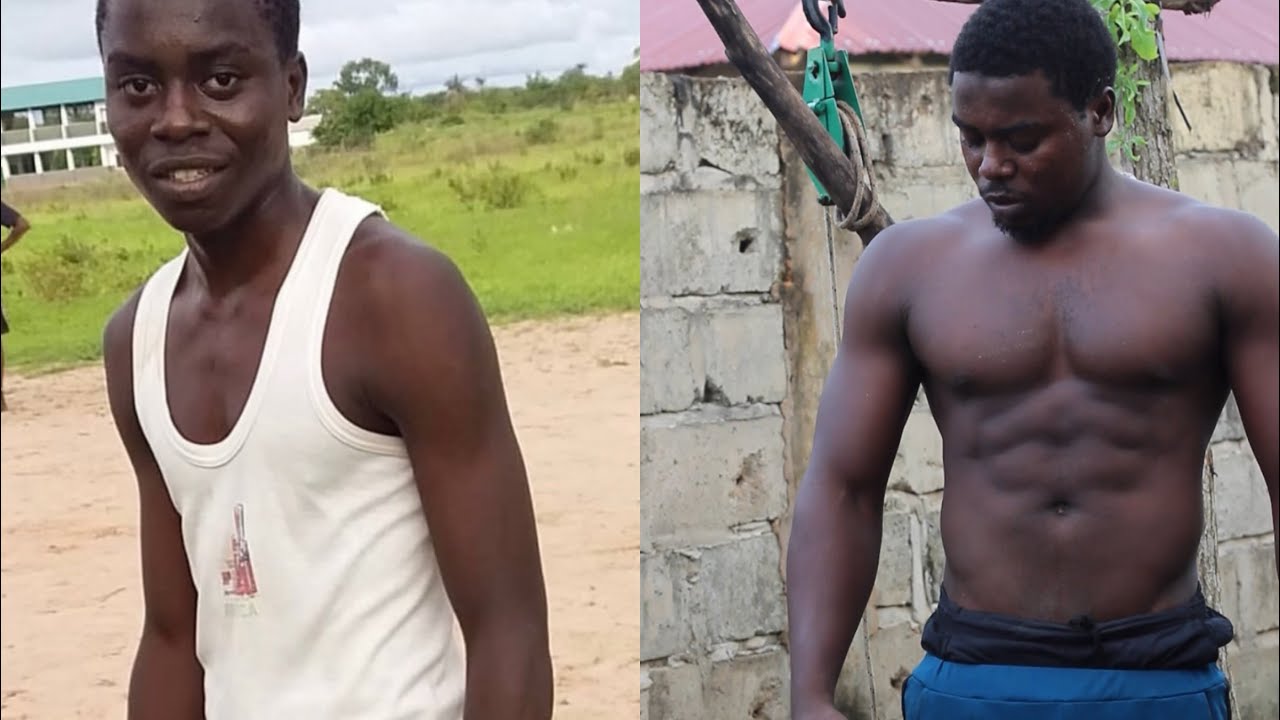 Африканский бодибилдер: тренировка бицепсов и трицепсов дома, самодельный тренажерный зал.