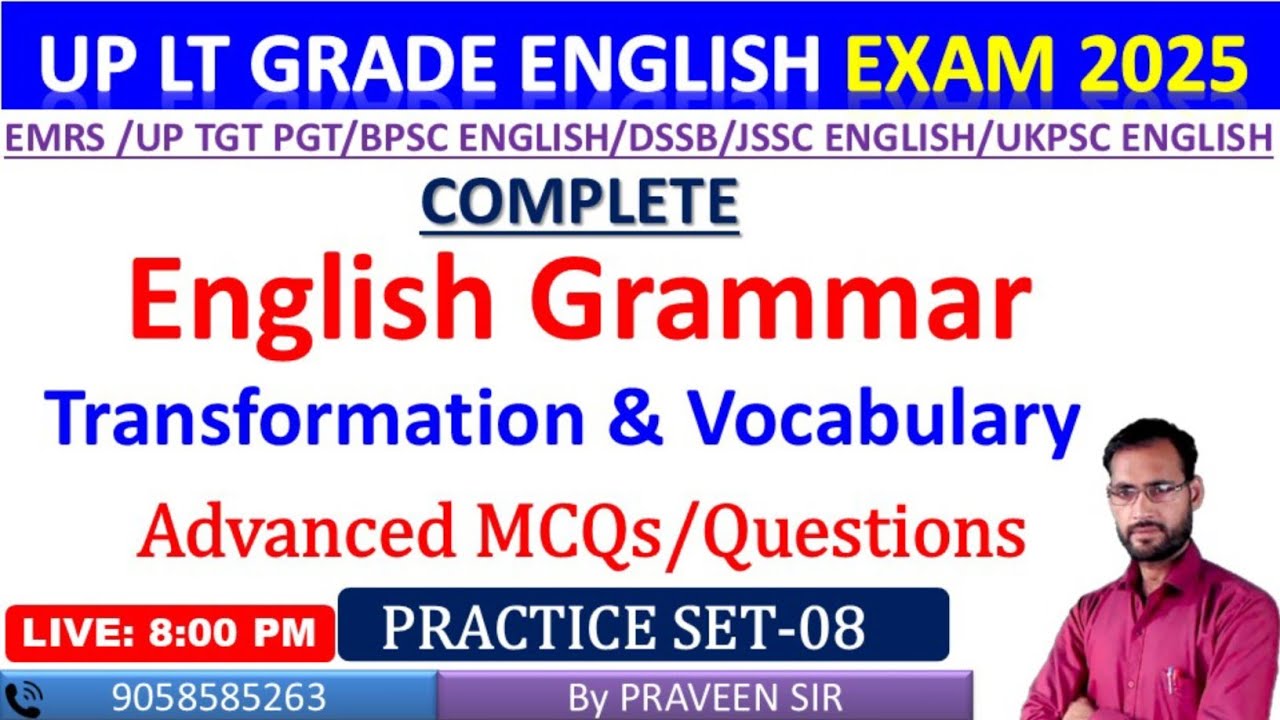 Advanced English Grammar Practice Set-08 | UP LT Grade English/MP TET/ GIC/EMRS/ TGT PGT ENGLISH/