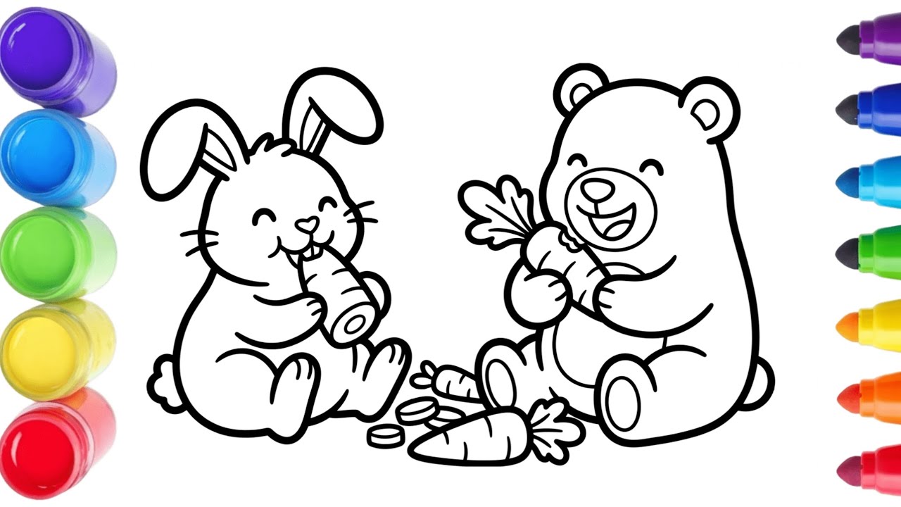 Cute Bear and Bunny Eating Carrot Coloring Page | Easy Kids Coloring