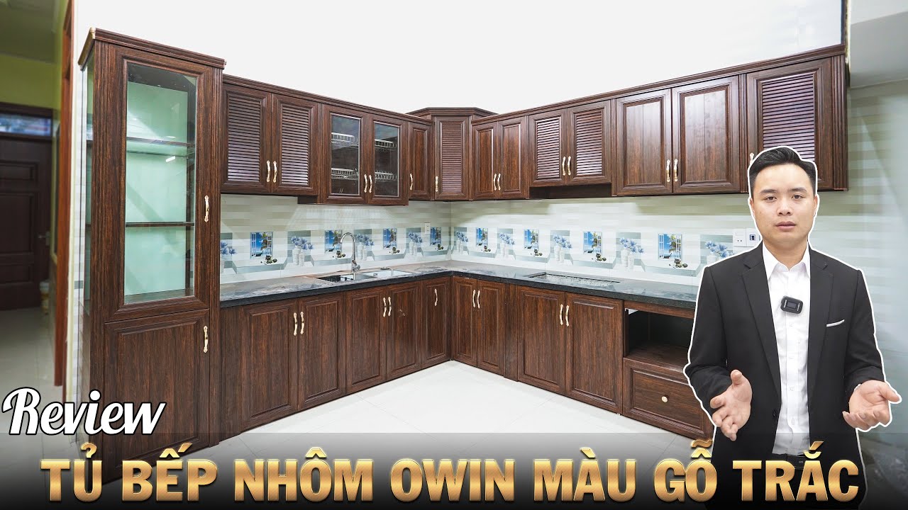 Mẫu tủ bếp nhôm OWIN màu Vân Gỗ Trắc đẹp || nhôm owin | owin