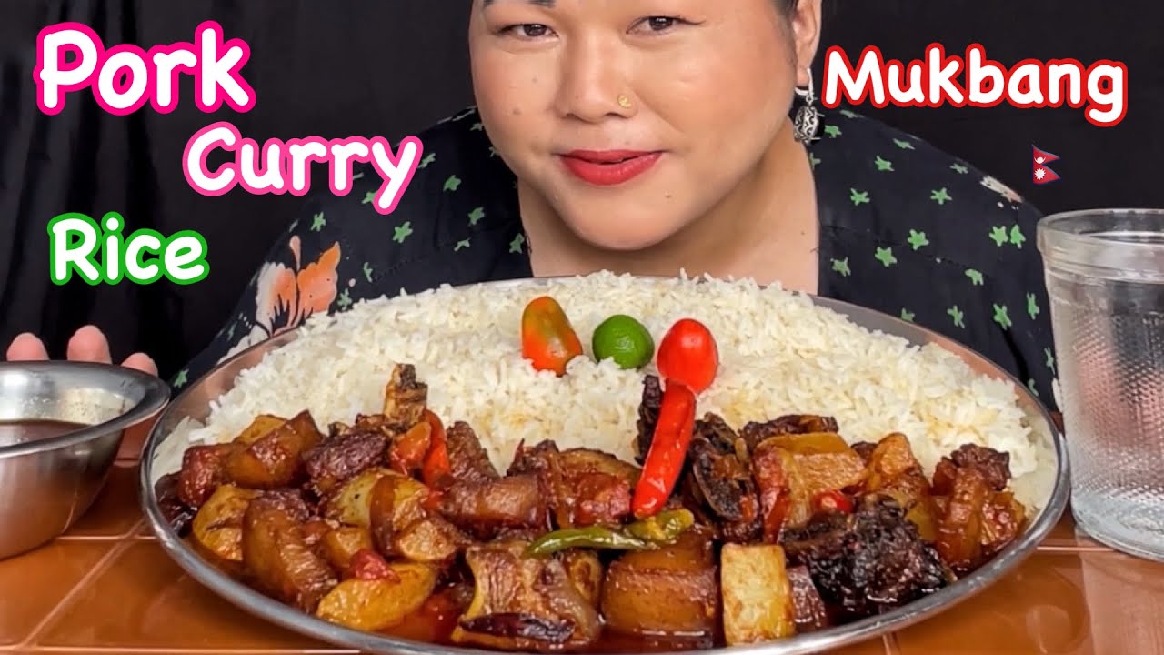Nepali Style Spicy Pork Curry with Rice 🐷 Dalle Khursani | Khushi Channel | Nepali Mukbang 