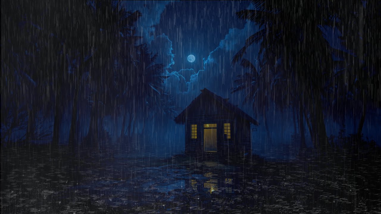 Deep Sleep Rain Sounds | Quiet Forest Cabin on a Rainy Moonlit Night
