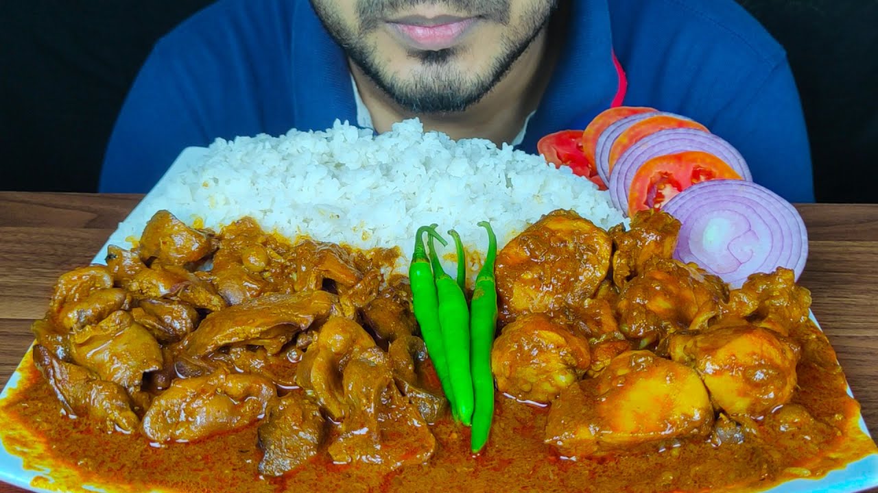 EATING CHICKEN LIVER & GIZZARD CURRY, CHICKEN CURRY, CHILI, ONION, RICE | MUKBANG *EATING SOUNDS