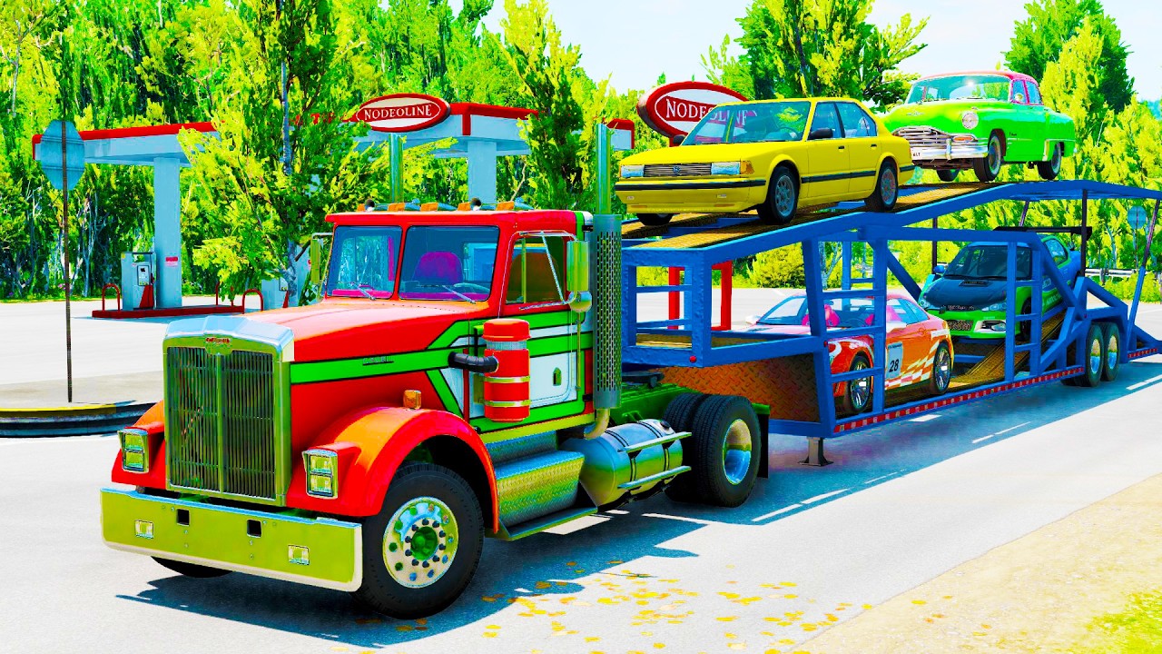 Double Flatbed Trailer Truck vs Speedbumps Train vs Cars | Tractor vs Train Beamng.Drive