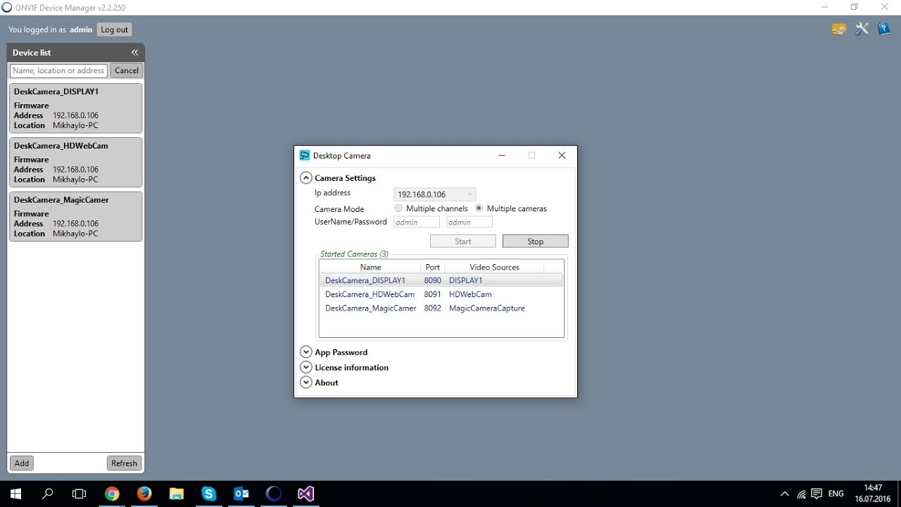 Multiple cameras mode. DeskCamera streams PC desktop and webcam as Onvif.