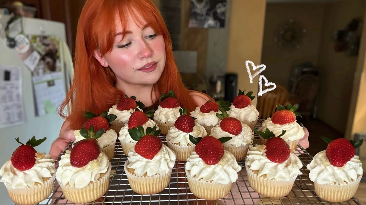 ASMR Baking Strawberry Shortcake Cupcakes 🍓(Close Whispered Voiceover)