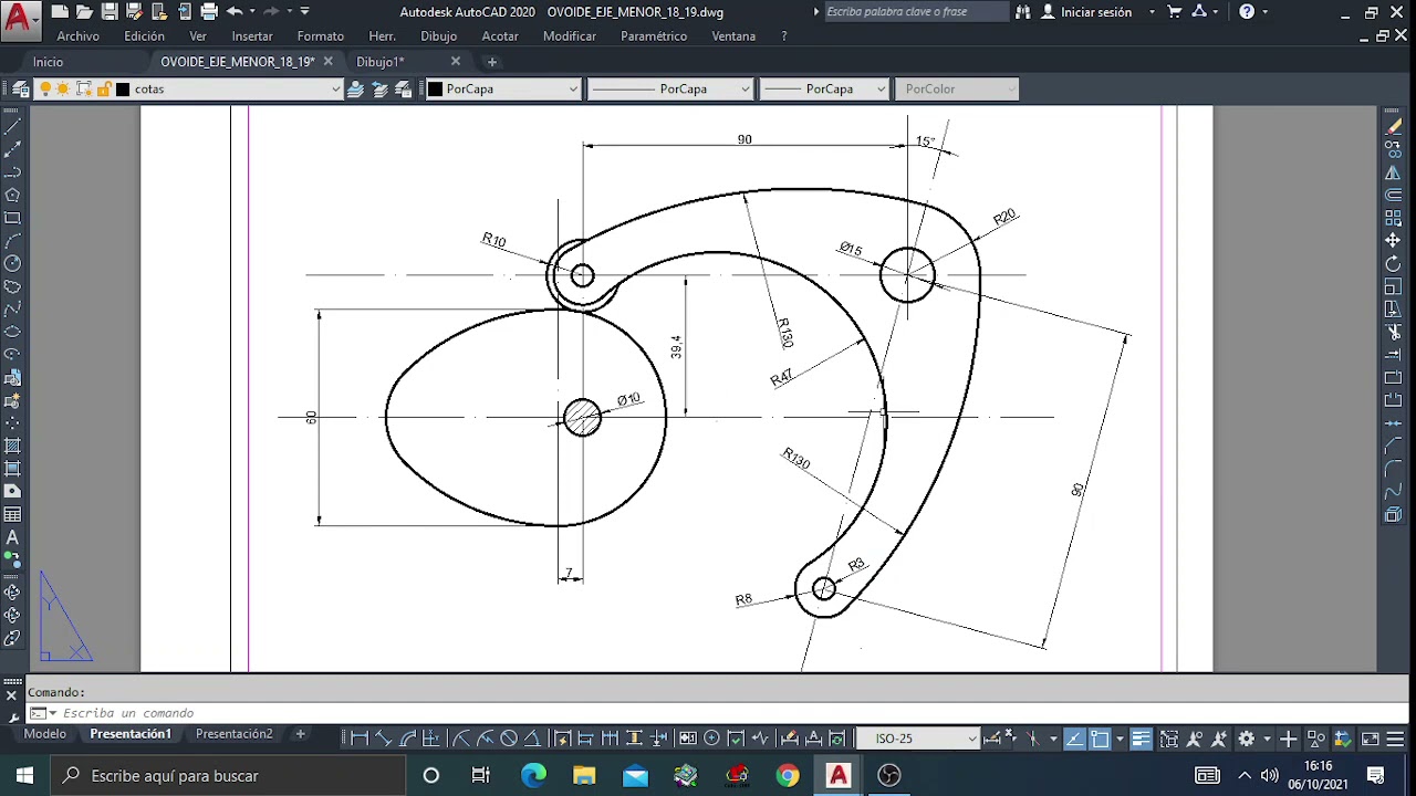 OVOIDE DADO EJE MENOR Y LEVA CON AUTOCAD
