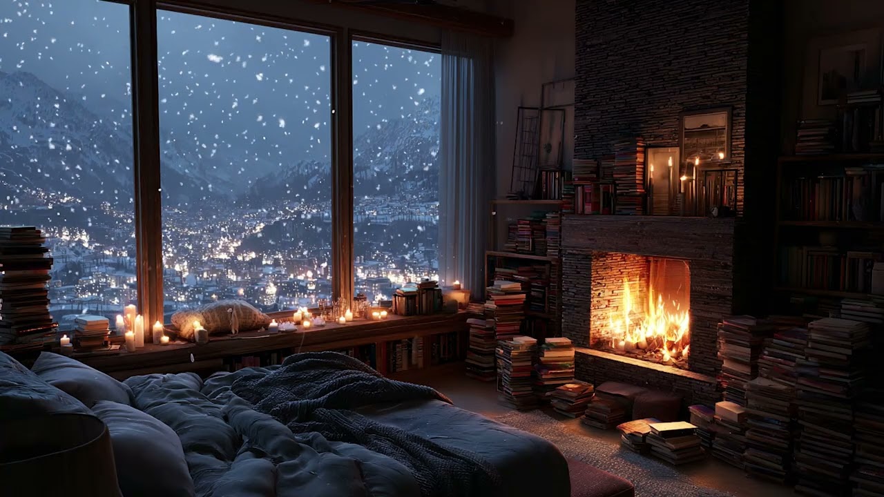 Serene Snowy Cabin Evening | Cozy Fire Sounds and Soft Snowfall for Peaceful Sleep 😴