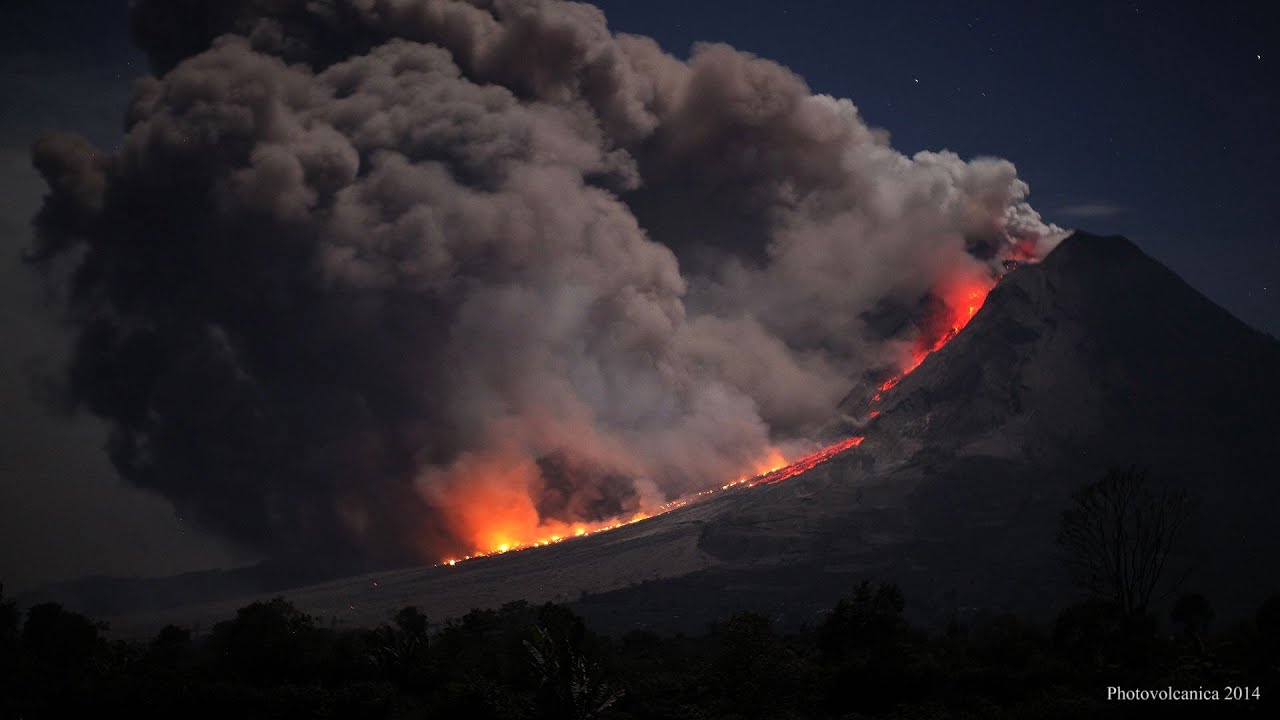 Pyroclastic flows and close up of collapsing lava lobe at night, Sinabung Volcano, Indonesia