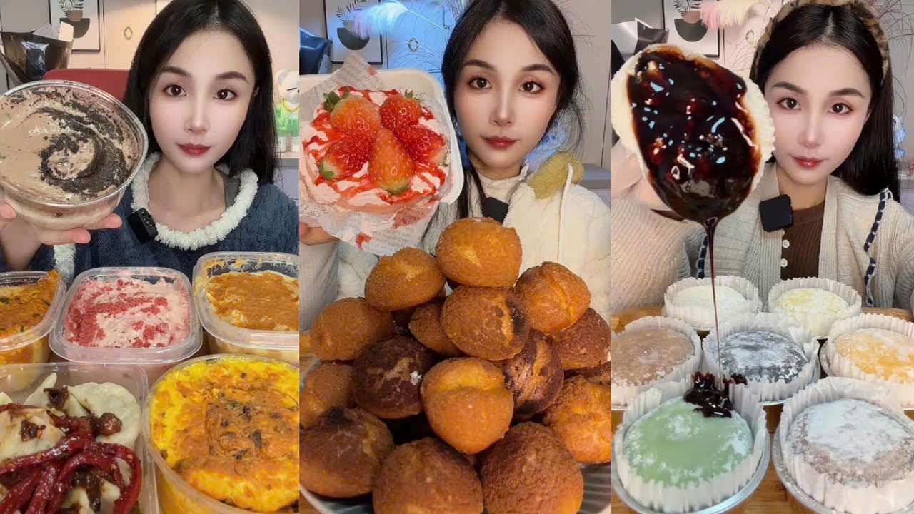 Eat Strawberry Cream Cake, Baked Goods, Snow Mochi, Chocolate Ice Cream Box, Challenge Eat Desserts