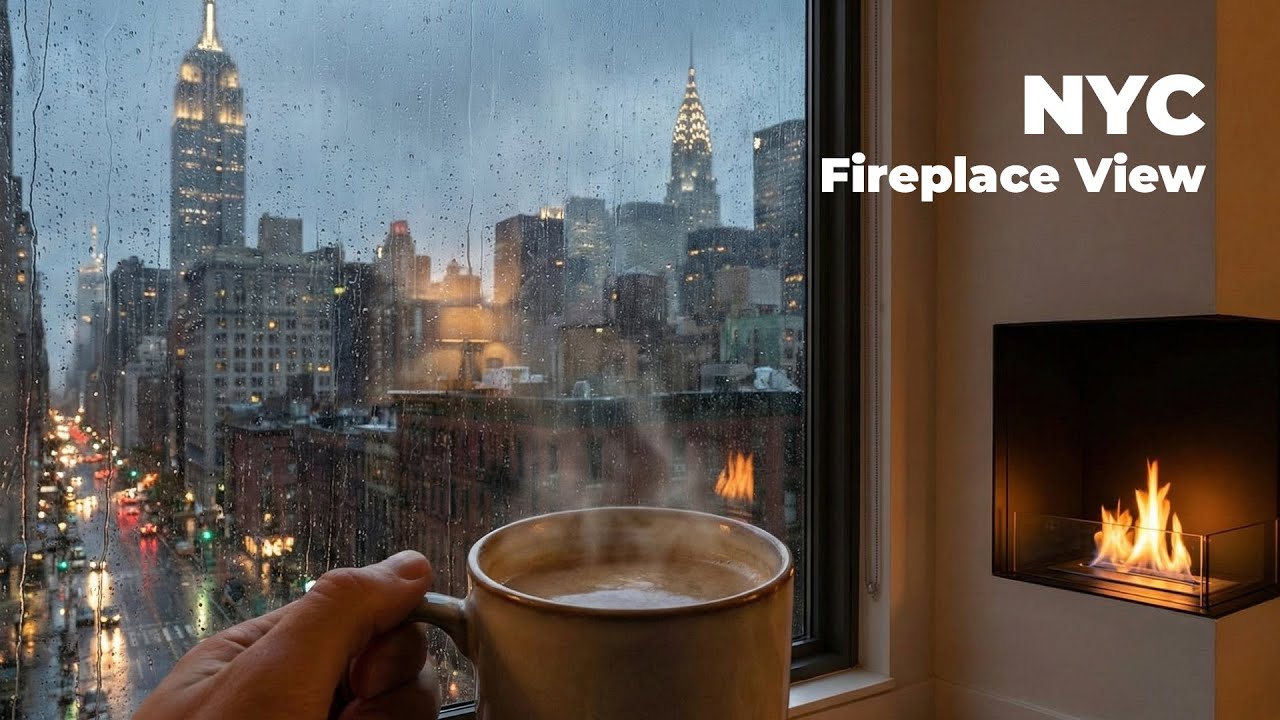 New York Fireplace View ☕🔥 | Cozy Coffee Time in NYC | 4K Ambient Scene