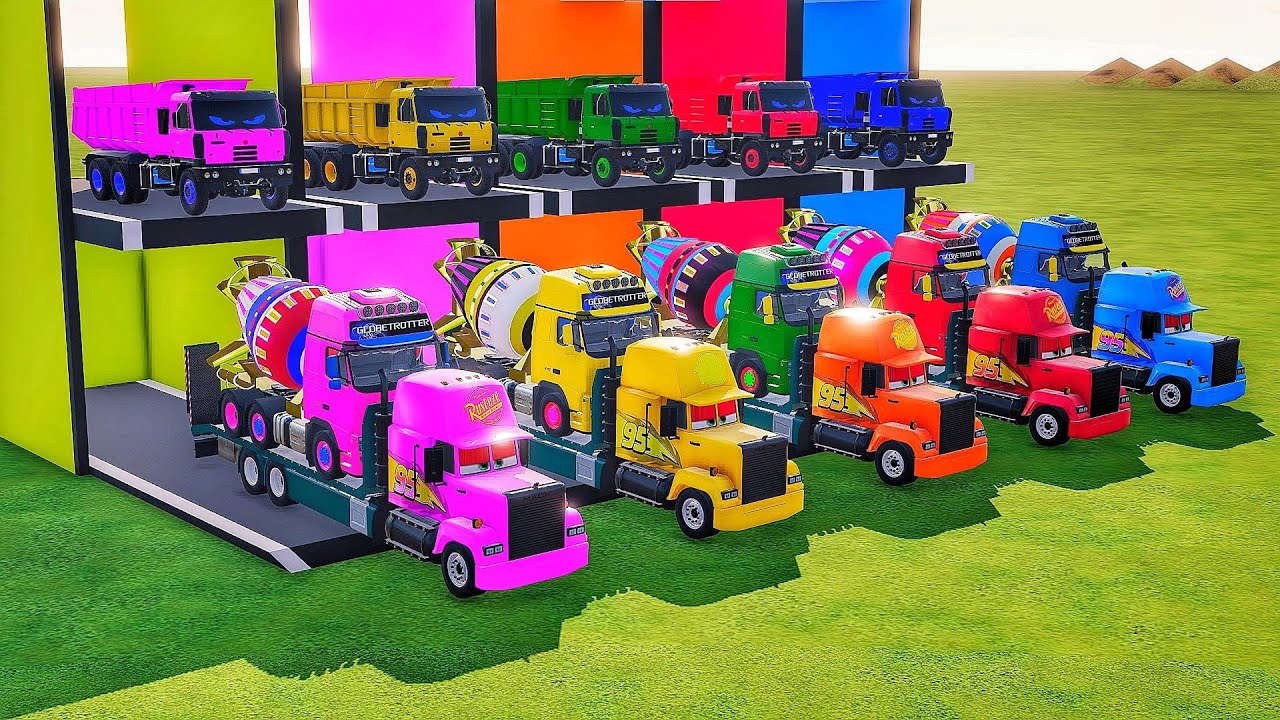 Garage with colors - ALL TRUCK WITH DOBLE FLATBED TRAILER TRUCK, VOLVO, DAF, INTERNATUONAL